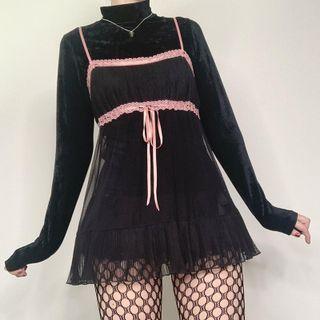 Mesh Lace Trim Spaghetti Strap Mini Dress