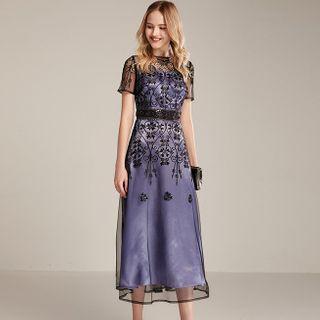 Short-sleeve Floral Embroidered A-line Mesh Cocktail Dress