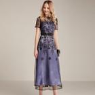 Short-sleeve Floral Embroidered A-line Mesh Cocktail Dress
