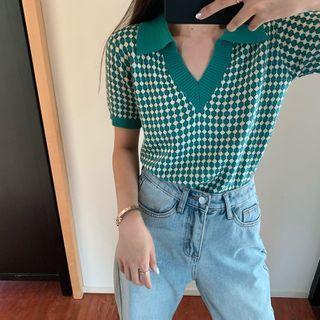 Dotted Collared Short-sleeve Knit Top As Shown In Figure - One Size
