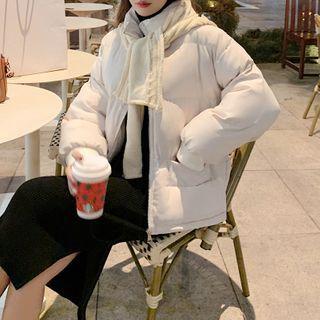Long-sleeve Plain Padded Jacket + Scarf