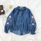 Flower Embroidered Single-breasted Puff-sleeve Blouse