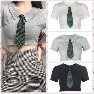 Mock Two-piece T-shirt / Collared Mini A-line Dress