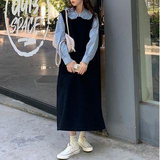 Ruffle Trim Collar Blouse / Midi Overall Dress