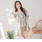 Tie-back Flutter-sleeve Printed Chiffon Top