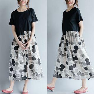 Dotted Panel Short Sleeve Midi Dress