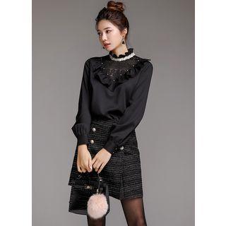 Lace-yoke Frill-trim Beaded Blouse