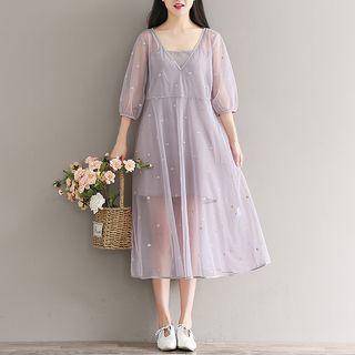 Set: Embroidered Mesh 3/4-sleeve A-line Midi Dress + Strappy Dress