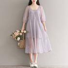 Set: Embroidered Mesh 3/4-sleeve A-line Midi Dress + Strappy Dress
