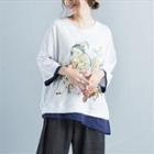 3/4-sleeve Printed Panel Top White - One Size