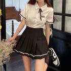 Short-sleeve Shirt / Bow / Mini A-line Skirt / Set