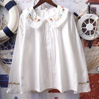 Long-sleeve Floral Embroidered Wide-collar Shirt White - One Size