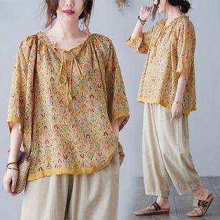 3/4-sleeve Floral Print Blouse Yellow - One Size