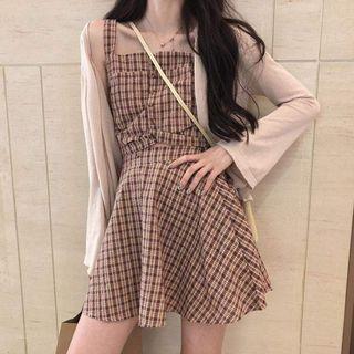 Long-sleeve Plain Cardigan / Sleeveless Plaid Top + Plaid Skirt