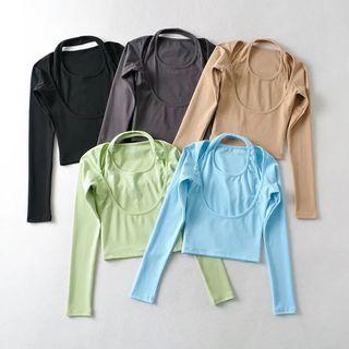 Mock Two-piece Long-sleeve Halter-neck Crop Top