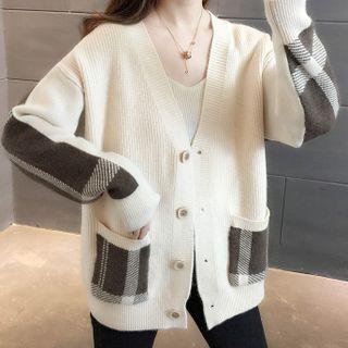 Plaid Paneled V-neck Cardigan
