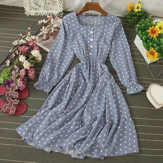 Dotted Square-neck Midi A-line Dress