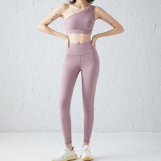 Set: Lettering One-shoulder Crop Top + Yoga Pants