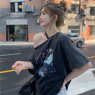 Off Shoulder Printed Oversize Top Black - One Size