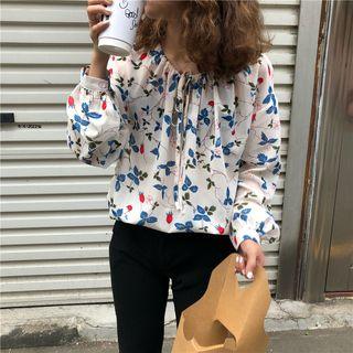 Printed Lace-up Blouse As Shown In Figure - One Size