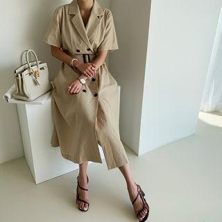 Belted Linen Blend Long Trench Coatdress
