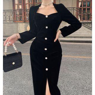 Velvet Square-neck Slit Dress