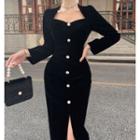 Velvet Square-neck Slit Dress