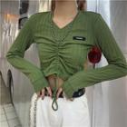 Long-sleeve Drawstring Cropped T-shirt Army Green - One Size