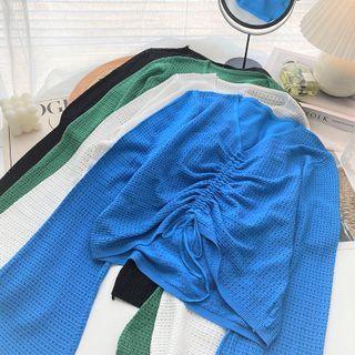 Long-sleeve V-neck Drawcord Plain Knit Top