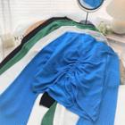 Long-sleeve V-neck Drawcord Plain Knit Top