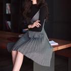 Set: Long-sleeve Knit Top + Spaghetti-strap Pleated A-line Dress
