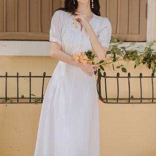 Short-sleeve Floral Embroidered Split-neck Midi A-line Dress