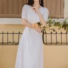 Short-sleeve Floral Embroidered Split-neck Midi A-line Dress