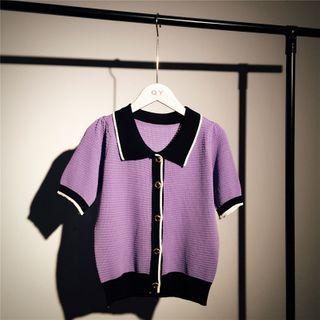 Lapel Single-breasted Knitted Short-sleeve Crop Top