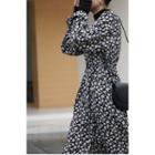 Floral Print Long-sleeve Midi A-line Dress Floral Printed - Black - One Size
