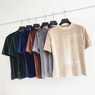 Plain Mock-neck Velvet Short-sleeve Top