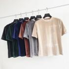 Plain Mock-neck Velvet Short-sleeve Top