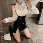 Faux Pearl Cold-shoulder Blouse / Bow Spaghetti Strap Mini Bodycon Dress