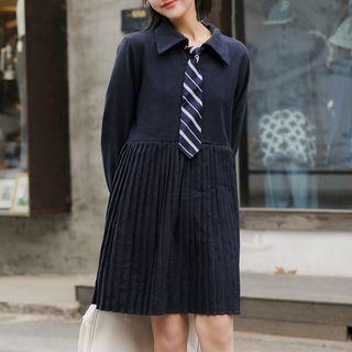 Long-sleeve Accordion Pleat Shirtdress