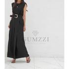 Sleeveless Slit-leg Jumpsuit With Belt Black - One Size