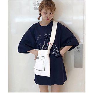 3/4-sleeve Bear Print Long T-shirt