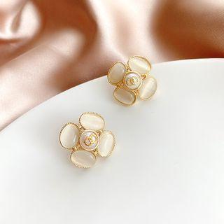Flower Cat Eye Stone Earring 1 Pair - White & Gold - One Size