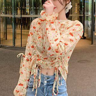 Long-sleeve Floral Print Drawstring T-shirt