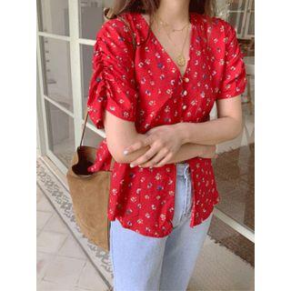 V-neck Shirred-sleeve Floral Print Blouse