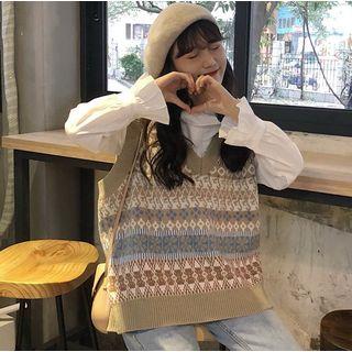 Plain Lantern-sleeve Blouse / Printed Knit Vest