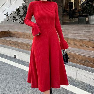 Cut-out Long-sleeve Knit Midi A-line Dress