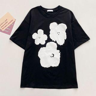 Short-sleeve Round-neck Print T-shirt Black - One Size