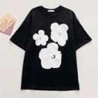 Short-sleeve Round-neck Print T-shirt Black - One Size
