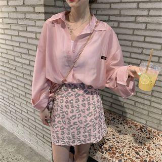 Long-sleeve Plain Loose Fit Shirt / Leopard Print A-line Mini Skirt