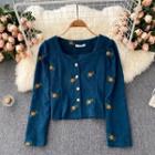 Square-neck Flower Embroidered Long-sleeve Top